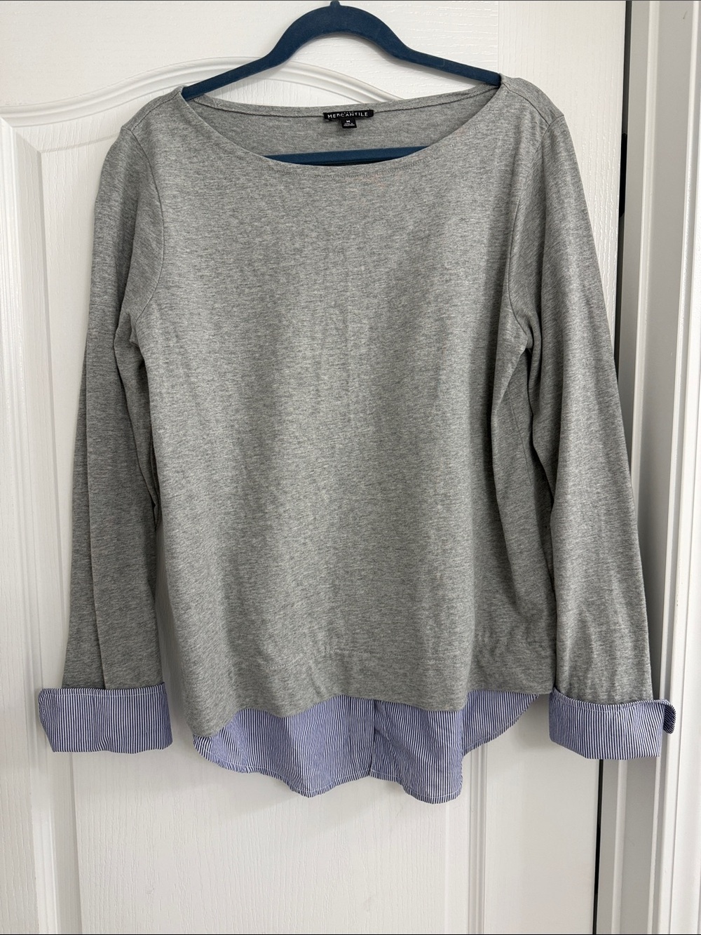 J. Crew Factory Gray Long Sleeve Layered-Look Top with Blue Stripe Trim